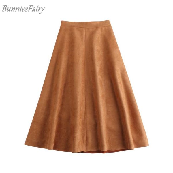 

skirts bunniesfairy 2021 autumn winter vintage elegant women suede solid color high waist a-line midi flare skirt saia femininas, Black