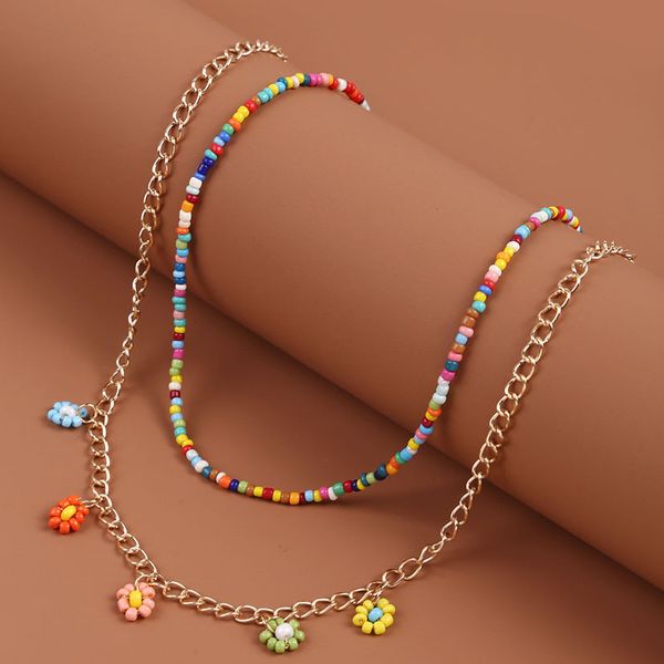 

hand-woven rice bead flower multi-layer necklace creative trend chain pendant jewelry for women, Silver