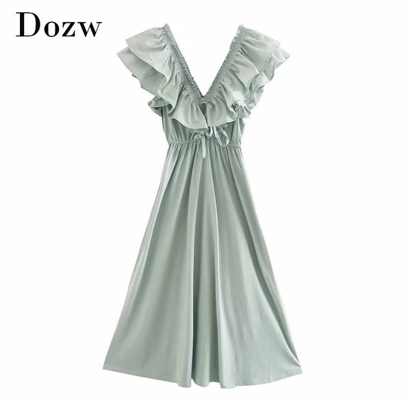 

summer deep v neck midi dress women ruffles solid beach dress bow tie sleeveless holiday dresses lady femme robe xs-l 210414, Black;gray