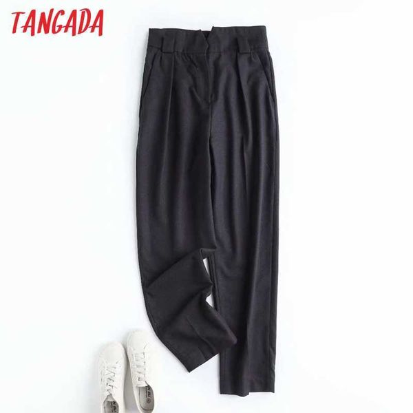 

tangada fashion women thick dark gray high waist suit pants trousers buttons office lady pants pantalon 4c15 210609, Black;white
