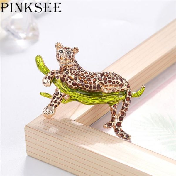 

pins, brooches pinksee creative vivid laying on branch leopard women men enamel animal lapel pins fashion brown crystal badge jewelry gift, Gray
