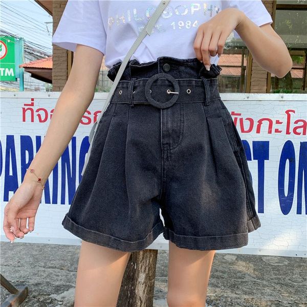 

women's shorts plus 2xl summer casual black denim women belt pocket high waist female loose jeans streetwear bottoms 2021, White;black