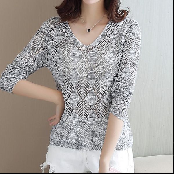 

spring autumn v neck hollow women sweater knitted pullover casual summer ice silk knitwear long sleeve femme, White;black