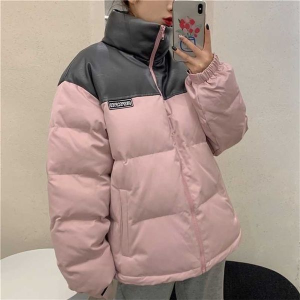 Inverno de algodão rosa mulheres modelos de explosão coreano estudantes soltos pu pele emenda down casaco 211221