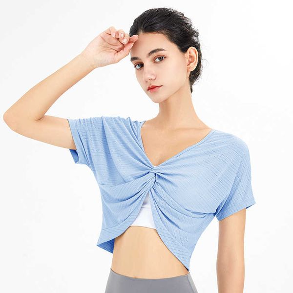 

yoga lulus women v-neck breathable quick dry short t-shirt casual running fiess gym clothes solid color workout shirt