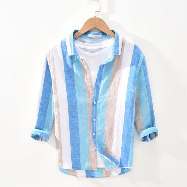 

men's casual shirts yh2061 men vertical striped shirt three quarter sleeve fashion fresh spring summer thin breathable button linen car, White;black