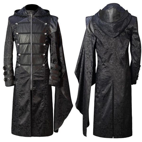

men's jackets 2022 spring autumn men patchwork punk hip hop long trench coat hooded cloak black zipper techwear jacket overcoat, Black;brown