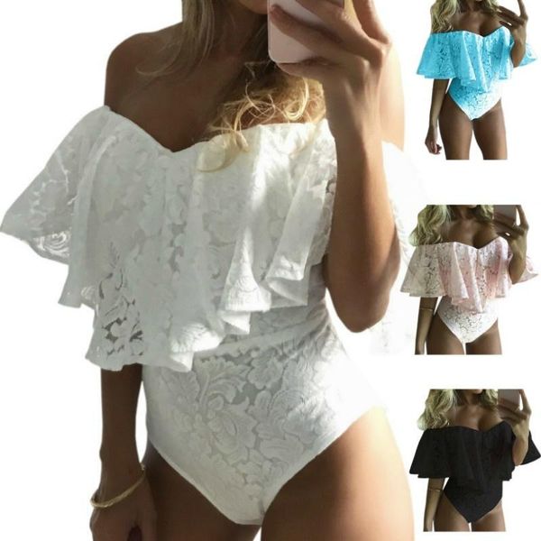

one-piece suits summer women's frill off shoulder v-neck lace bodysuit stretch party leotard casual ladies slim beach jumpsuit