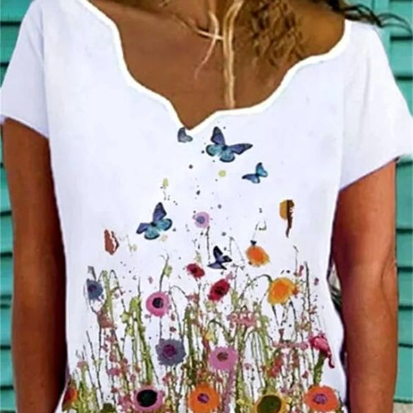 

2021 women's new relaxed floral print v-neck pullover t-shirt, White