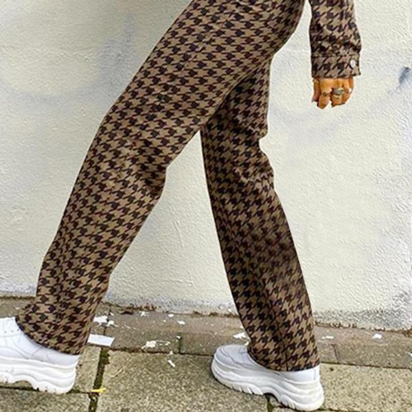 

retro women high waist houndstooth plaid button long straight pants trousers women's & capris, Black;white