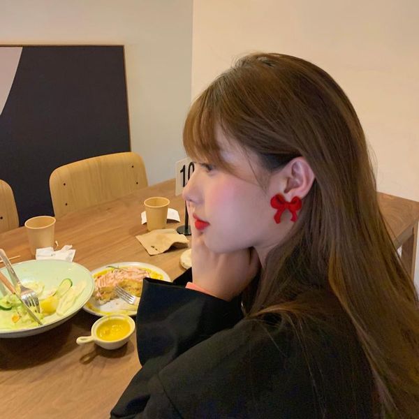 

hoop & huggie [peach tea] velvet bow earrings korean graceful online influencer female stud high sense design, Golden;silver