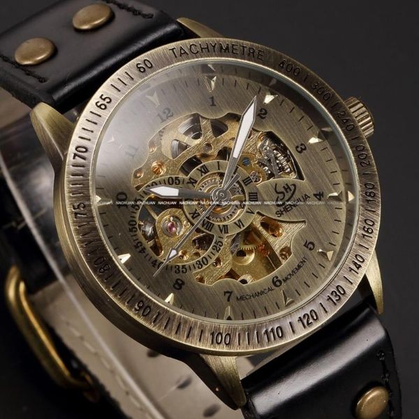 

wristwatches shenhua vintage bronze men automatic skeleton watch male leather strap steampunk mechanical wholesale low price clearance, Slivery;brown