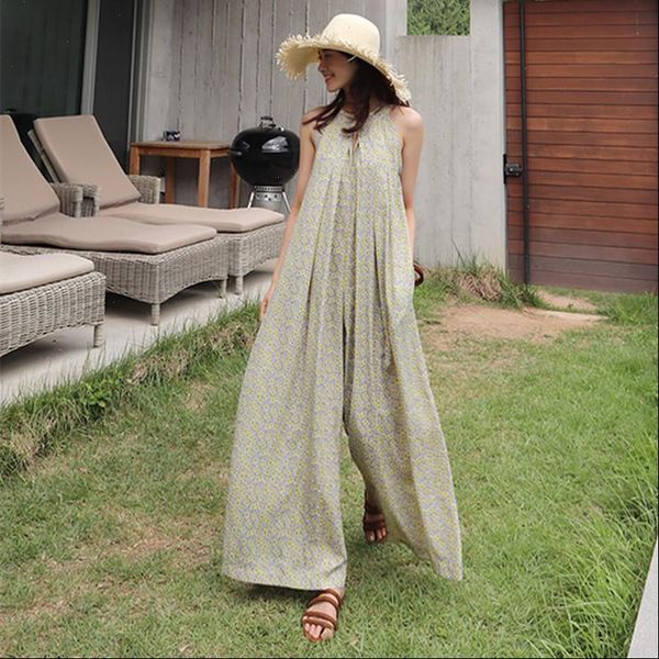 

women jumpsuits summer print large size sleeveless v neck korean casual 2 colors halter bohemia long playsuits, Black;white