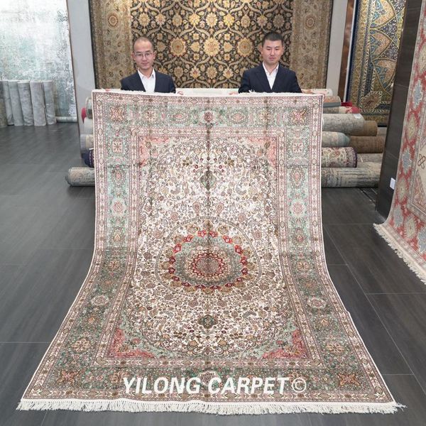 

carpets yilong 6'x9' kashmiri handmade persian carpet vantage exquisite beige silk rug (ljh055b)