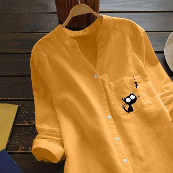 

women womens blouses cat print blouse cotton linen casual long sleeve shirt button down and loose shirts top, White