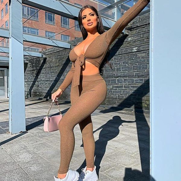 

soga autumn woman knitted matching two piece sets long sleeve bandage bow crop leggings pencil pants club outfits, Gray
