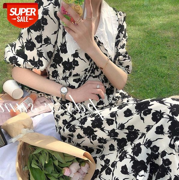 

french retro floral skirt dress women's temperament short waist slim long a-line tide #as3t, Black;gray