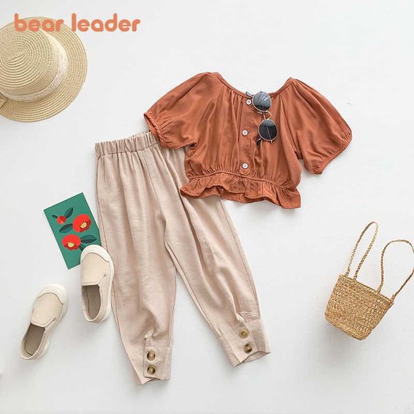 

bear leader girls fashion clothing sets summer kids baby ruffles blouses and pants outfits korean style casual suits 2-7y 210708, White