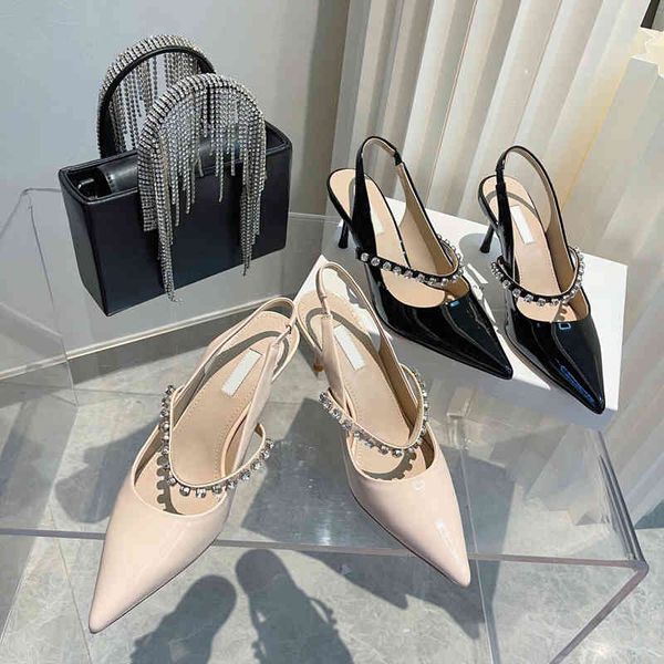

m high edition miao family family black nude patent leather diamond pointed one line belt mary jane shoes high heels sandals yw