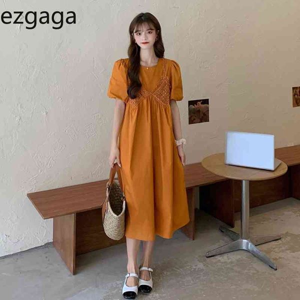 

ezgaga vintage short sleeve patchwork dress women elegant high waist loose bandage dress korean fashion solid elegant robe 210430, Black;gray