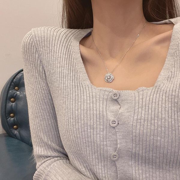 

pendant necklaces carerjew french vintage crystal rose flower necklace silver titanium steel chain jewelry for women fashion