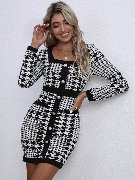 

houndstooth print square neck fake button bodycon dress p7np#, Black;gray