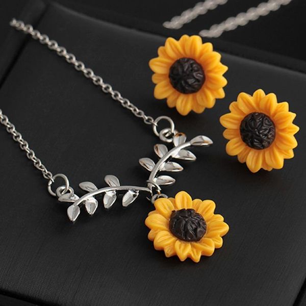 

earrings & necklace 3pcs/set lovely fine sunflower jewelry sets alloy for women wedding bijoux, Silver