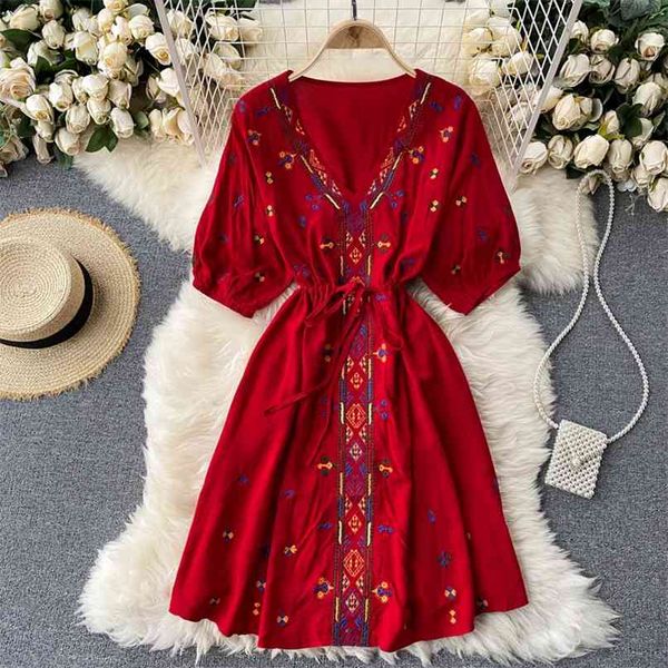 

women fashion embroidery v collar high waist thin short sleeve dress autumn female elegant clothing vestidos p644 210527, Black;gray