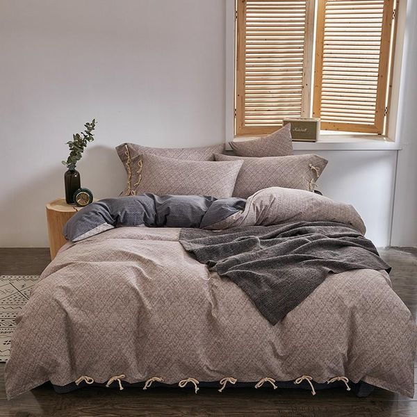 

bedding sets shabby vintage grey duvet cover set with ropes brushed cotton soft warm bed sheet pillowcases  king size 4pcs