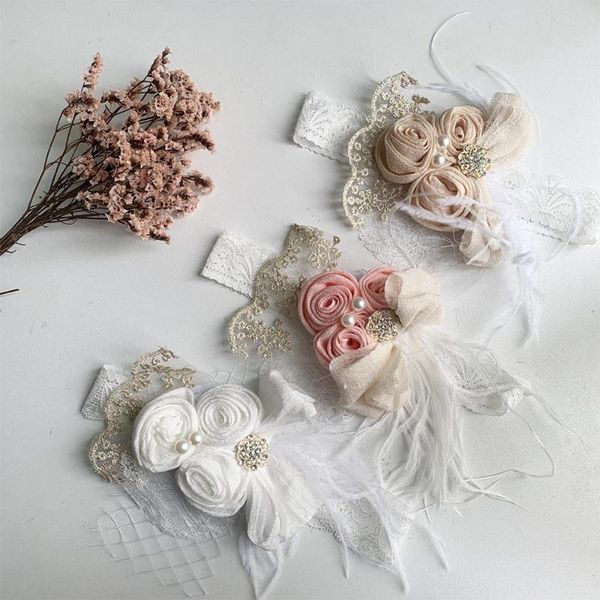 

satin flower feather baby headband white lace rhinestone pearl princess girls hair band vintage fashion born accessories, Slivery;white