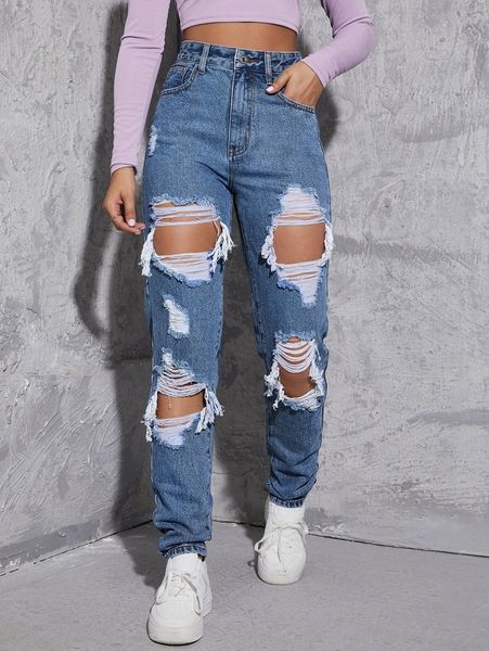 

high waist ripped cut out straight jeans d4il#, Blue
