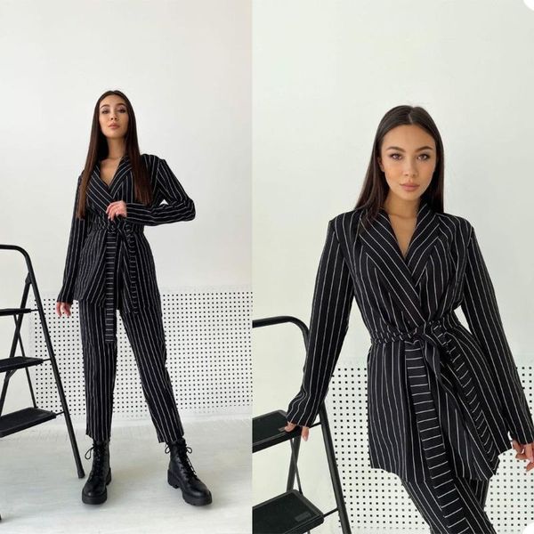 

handsome stripe women suits custom made designed blazer with belt office lady chic daily casual jacket women's two piece pants, White