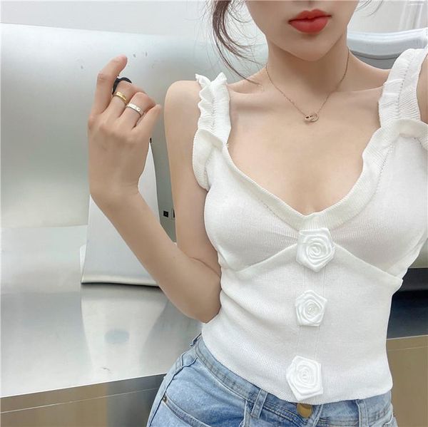 

women's tanks & camis flowers tees women knitting ruffles straps cropped girls knit solid sleeveless chic tshirts for female summer, White
