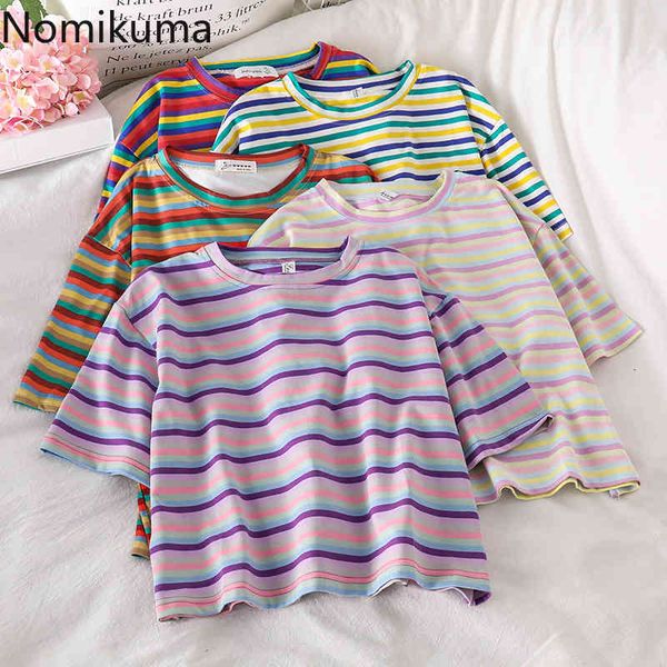 Nomikuma T-shirt a righe color arcobaleno T-shirt grafiche da donna O collo T-shirt manica corta Estate T-shirt stile coreano Camisetas 210514