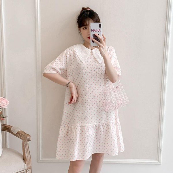 

maternity dresses lace turn-down collar short sleeve sweet clothes summer cotton dress loose pregnant women pregnancy, White