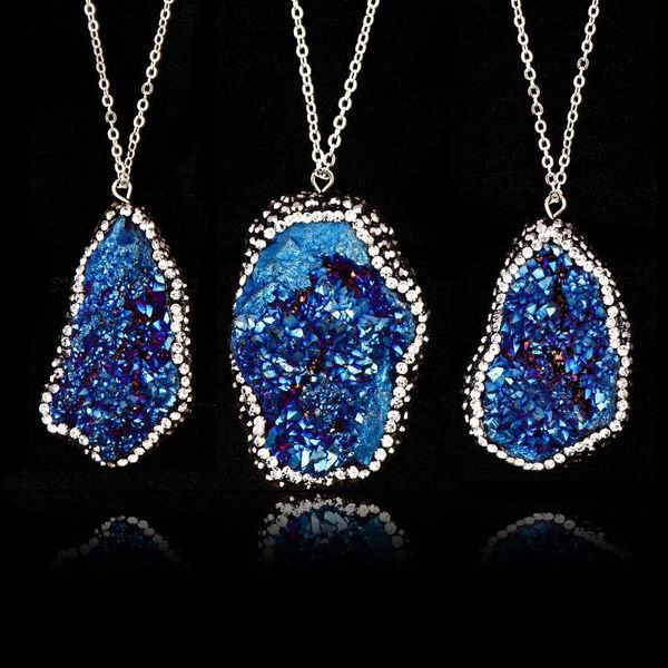 

chains natural spar pendant unpolished irregular shape inlaid diamonds white blue crystal stone jewelry gifts choker chain necklace, Silver