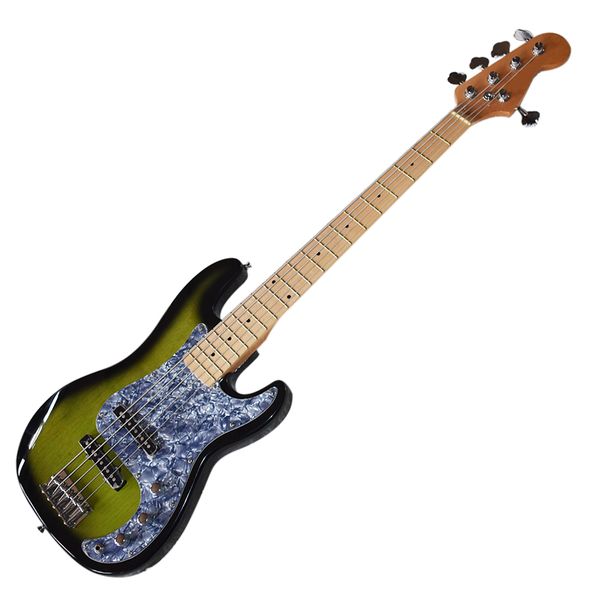 

green&black electric bass guitar with 5 strings,gray pearled pickguard,maple fretboard