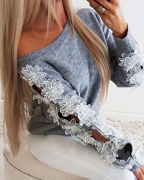 

flower decorative long sleeved out sweater, White;black