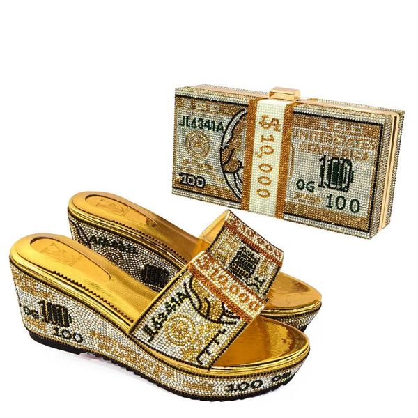 

italian fashion women shoes of summer arrival design crystal and metal decoration goldencolor party ladies bag dress, Black