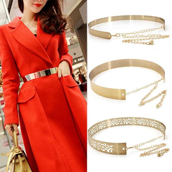

belts fashion women adjustable metal waist belt gold silver color plate vintage lady simple chains mirror waistband 2021, Black;brown
