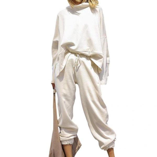 

women's two piece pants stylish sports outfit solid color drawstring pieces set, White