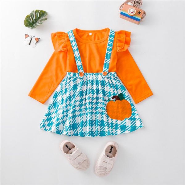 

clothing sets 2 pieces kids suit set, summer solid color o-neck long sleeve + houndstooth suspender skirt 2-7y, White
