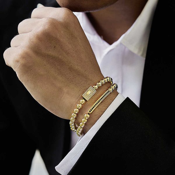

breloque men's crown bracelet, 2-piece set, long tube, pebble woven cz, golden pearl, gift jewelry, Golden;silver