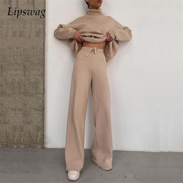 

elegant fashion fleece outfit women autumn winter turtleneck and wide leg pants suits casual solid two piece set femme 211109, White