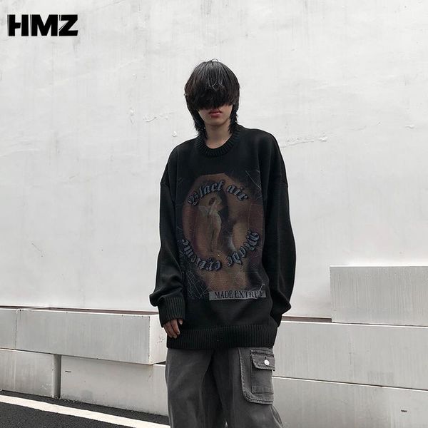 

men's sweaters hmz 2021 harajuku knitted men hip-hop angel printed sweater streetwear male autumn winter loose pullovers pull homme, White;black