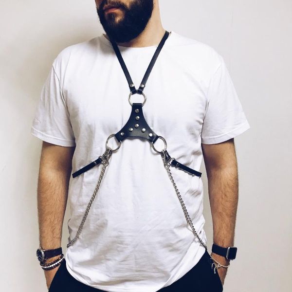 Homens punk corpo de couro bondage para moda na moda cintura cinto cinto cadeia o anel correias pretas com conjuntos de sutiãs masculinos de prata