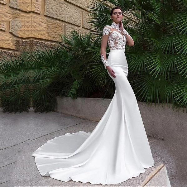 

high neck long sleeve mermaid wedding dresses satin 2022 lace appliques bridal gowns with bow gorgeous sweep train button back, White