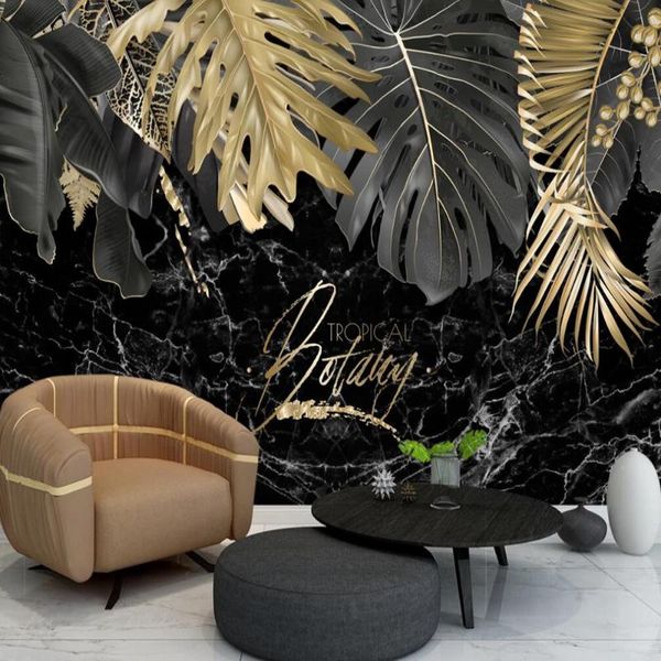 

wallpapers milofi custom large 3d wallpaper mural modern light luxury black gold leaf plant background wall decoration