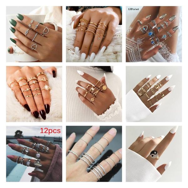 

cluster rings 1-16pcs/set bohemia star snake knuckle set for women eye flower shape geometric finger ring girls fashion jewelry gift, Golden;silver