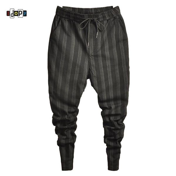 Idopy Fashion Mens Trend Stretchy Harem Jeans con coulisse Comodi pantaloni a righe comodi con risvolto Pantaloni da jogging per uomo 211111